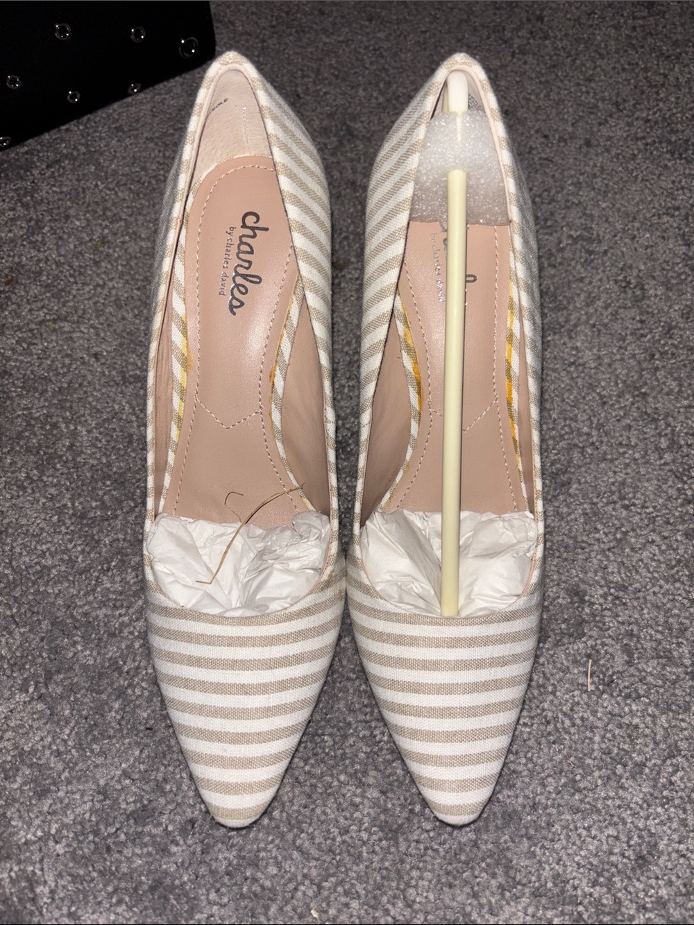 Charlies Striped Pointed-Toe Flats in Beige and White